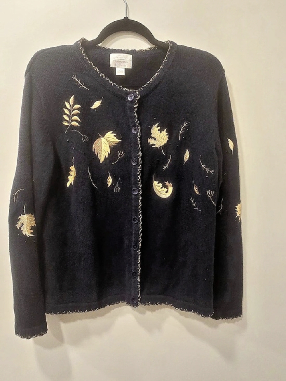 VTG Christopher & Banks Hand Embroidered Autumn Leaf Cardigan Sweater L Large